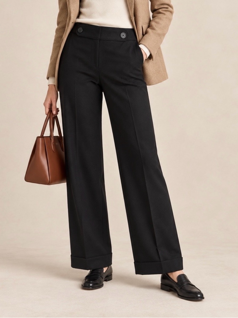 J.Crew Favorite Fit Y2K Black Wool Herringbone Wide Leg Cuffed Pants 6